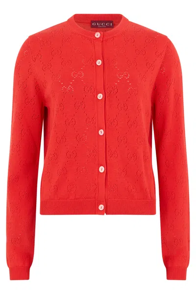 Gucci Cotton Monogram Cardigan With Perforations In Red