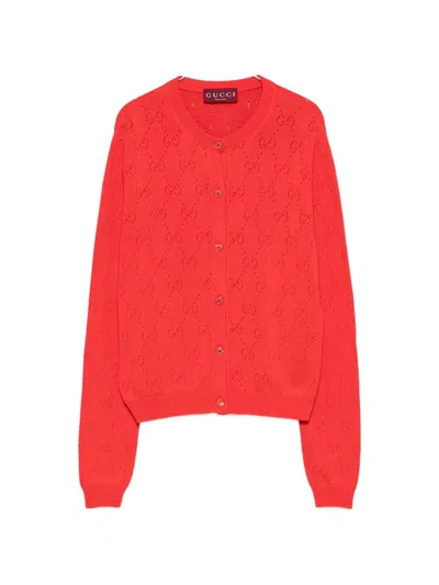 Gucci Cotton Monogram Cardigan With Perforations In Red