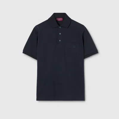 Gucci Cotton Piquet Polo Shirt With Embroidery In Blue