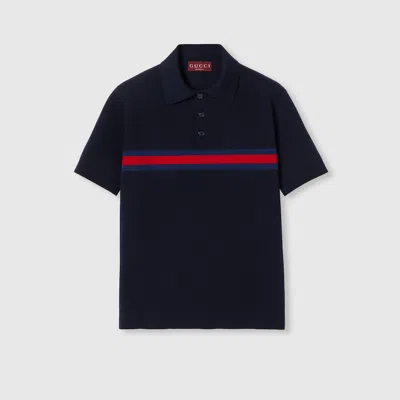 Gucci Cotton Piquet Polo Shirt With Web In Blue