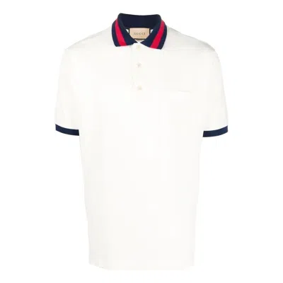 Gucci Cotton Piquet Polo With Web Collar 'ivory' In White