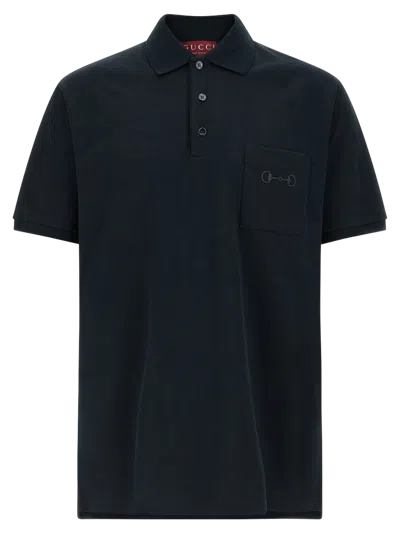 Gucci Cotton Piquet With Horsebit Embroidery Polo In Blue