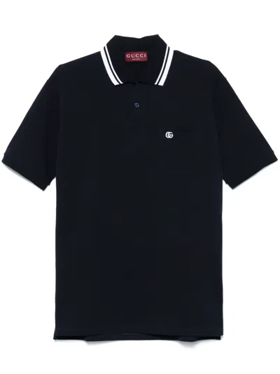 Gucci Blue Stretch Cotton Embroidered Polo Shirt