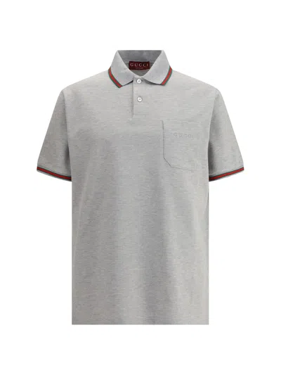 Gucci Grey Polo Shirt With Web Details And Logo Lettering On The Front In Wool Blend Man In Gray