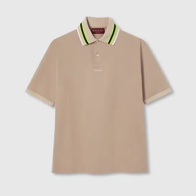 Gucci Cotton Polo Shirt With Embroidery In Beige