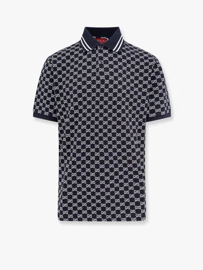 Gucci Cotton Polo Shirt With Gg Jacquard Motif In Navy