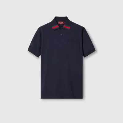Gucci Cotton Polo Shirt With Web In Navy