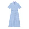 Gucci Belted Pleated Cotton Oxford-jacquard Midi Dress In Blue