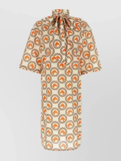 Gucci Cotton Print Knee-length Dress With Short Sleeves And Mandarin Collar In Beige