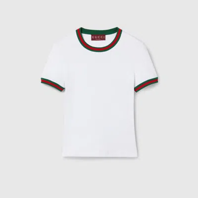 Gucci Women White Crewneck T-shirt With Web Detail On The Edges In Cotton Woman