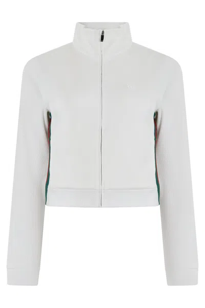 Gucci Cotton Ribbed Zip Hoodie With High Collar Cropped Sweatshirt In White
