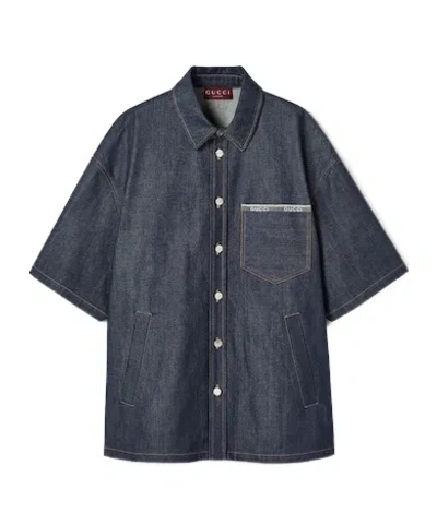 Gucci Cotton Selvedge Denim Shirt With Logo In Blue