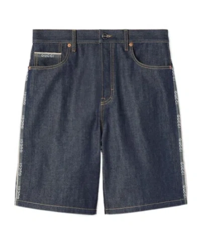 Gucci Cotton Selvedge Denim Shorts With Logo In Blue