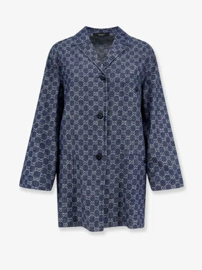 Gucci Cotton Shirt With All-over Gg Motif In Blue