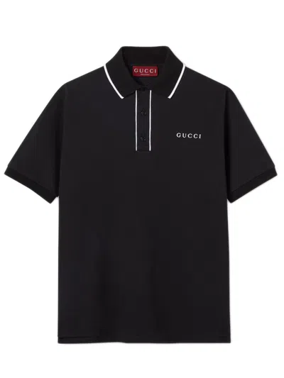 Gucci Cotton Short Sleeve Polo With White Piping Trim - Size M In Black