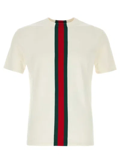 Gucci Cotton Sweater With Web Inlays, Crew Neck, Dropped Shoulders In White