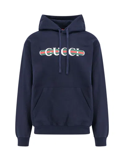 Gucci Cotton Sweatshirt With  Web Print In Blue