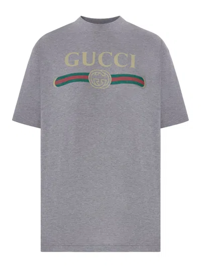 Gucci Cotton T-shirt With Front Logo In Blue