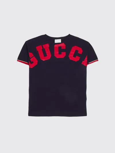 Gucci Kids'  Cotton T-shirt With Logo Print In Blue