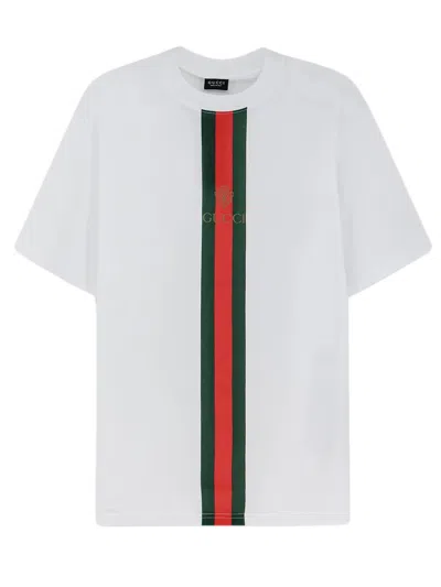 Gucci Cotton T-shirt With Web Ribbon And Crest Print In Bianco