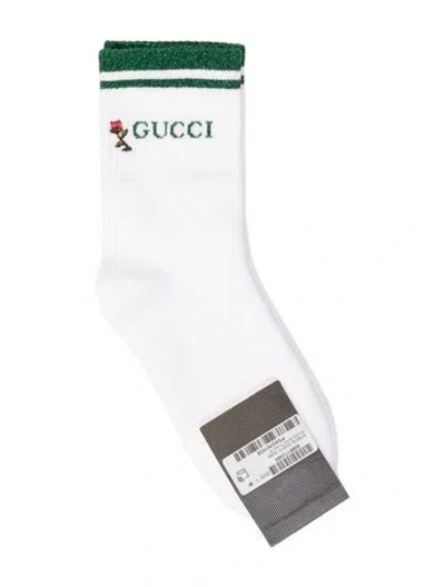 Pre-owned Gucci Cotton White And Green Patterned Socks With Glitter Accent And Branding Motifi W/tags