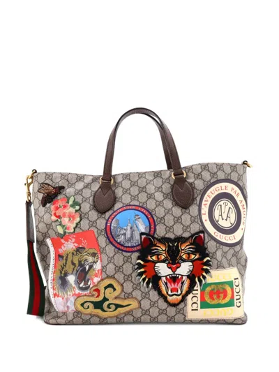 Pre-owned Gucci Courrier Convertible Soft Open Gg Coated Canvas With Applique Large Tote Bag In Neutral