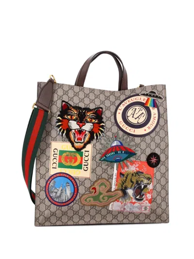 Pre-owned Gucci Courrier Convertible Soft Open Gg Coated Canvas With Applique North South Tote Bag In Brown