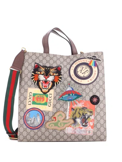 Pre-owned Gucci Courrier Convertible Soft Open Gg Coated Canvas With Applique North South Tote Bag In Brown