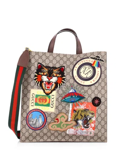 Pre-owned Gucci Courrier Convertible Soft Open Gg Coated Canvas With Applique North South Tote Bag In Brown