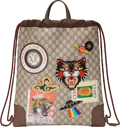 Pre-owned Gucci Courrier Drawstring Supreme Embroidered Appliques Beige Multicolor Backpack