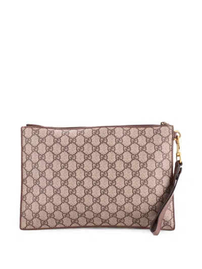 Pre-owned Gucci Courrier Pouch Gg Coated Canvas With Applique Clutch Bag In Brown