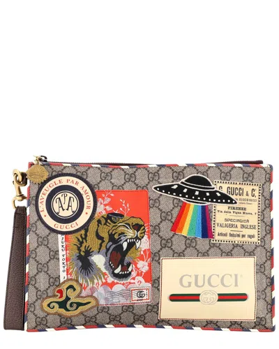 Gucci Courrier Pouch Gg Coated With Applique (authentic Pre-loved) In Brown