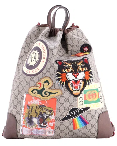 Gucci Courrier Soft Drawstring Backpack Gg Coated Canvas With Applique Medium  (authentic Pre-loved)
