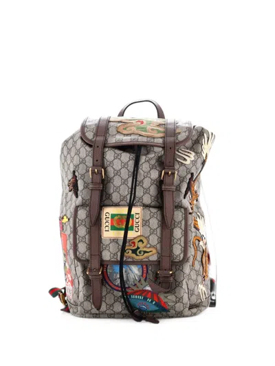 Pre-owned Gucci Courrier Soft Gg Coated Canvas With Applique Large Backpack In Brown