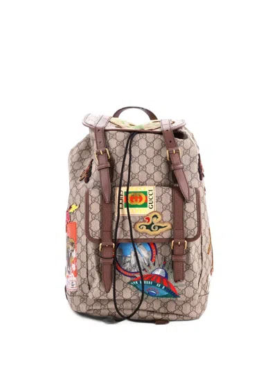 Pre-owned Gucci Courrier Soft Gg Coated Canvas With Applique Large Backpack In Brown