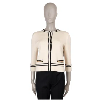 Pre-owned Gucci Cream & Black Wool 2021 Chain Trim Cardigan Sweater M In White