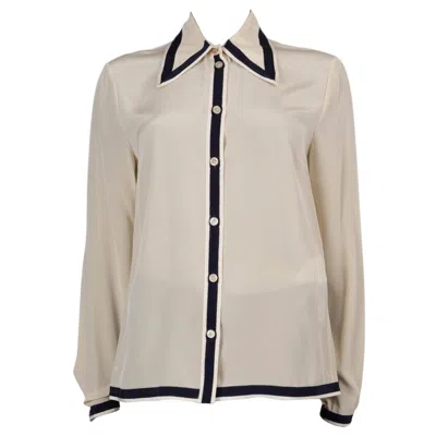 Pre-owned Gucci Cream & Blue Silk 2019 Grosgrain Crepe Shirt 42 M In White