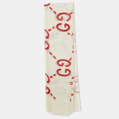 Pre-owned Gucci Cream & Red Gg Ghost Print Modal & Silk Blend Scarf In White