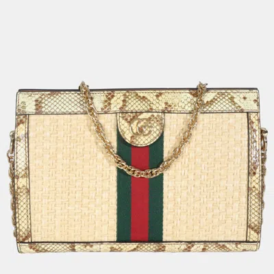 Pre-owned Gucci Cream Brown Raffia Elaphe Gg Small Ophidia Chain Shoulder Bag In White