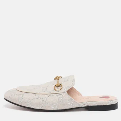Pre-owned Gucci Cream Canvas Princetown Horsebit Mules Size 38.5 In White