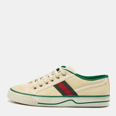 Pre-owned Gucci Cream Canvas Tennis 1977 Web Low Top Sneakers Size 41 In White