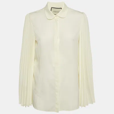 Pre-owned Gucci Cream Chiffon Plisse Sleeve Blouse M In White