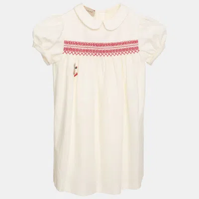 Pre-owned Gucci Cream Cotton Embroidered Detail Dress 3y In White