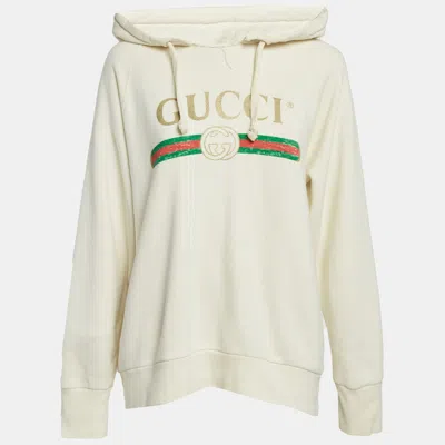 Pre-owned Gucci Cream Cotton Knit Embroidered Blind For Love Hoodie S In White