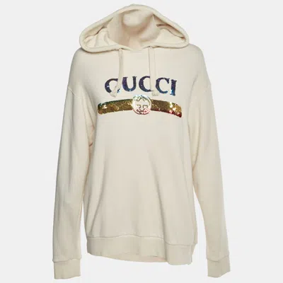 Pre-owned Gucci Cream Cotton Knit Logo Embellished Hoodie M In White