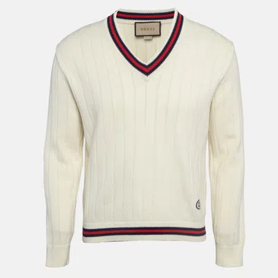 Pre-owned Gucci Cream Cotton Knit Web Detail V-neck Jumper S