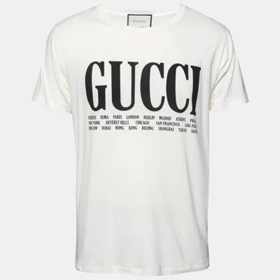 Pre-owned Gucci Cream Cotton Logo And Cities Printed Crewneck Short Sleeves T-shirt S