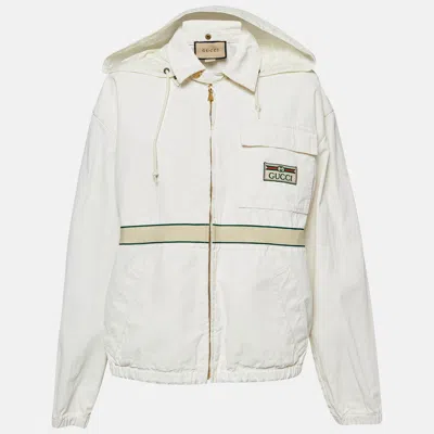 Pre-owned Gucci Cream Cotton Web Accent Zip Front Hooded Windbreaker Jacket L