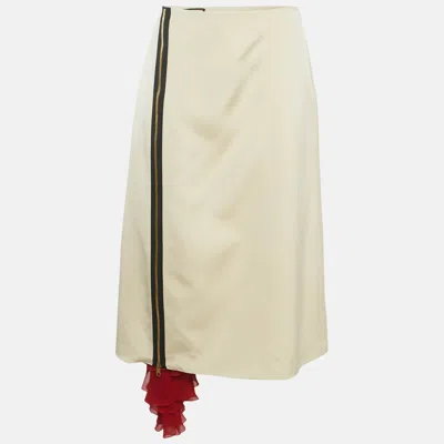 Pre-owned Gucci Cream Crepe And Silk Ruffle Trim Midi Skirt M In White