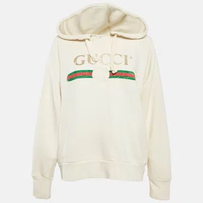 Pre-owned Gucci Cream Dog Embroidery Cotton Hooded Sweatshirt S
